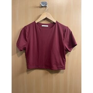 Reoria Short Sleeve High Neck Double Lined Tight Crop Top Women Sz Large